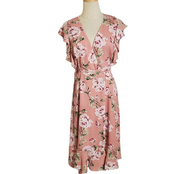 Charles Henry Pink Floral Midi Wrap Dress - Picture 2 of 7